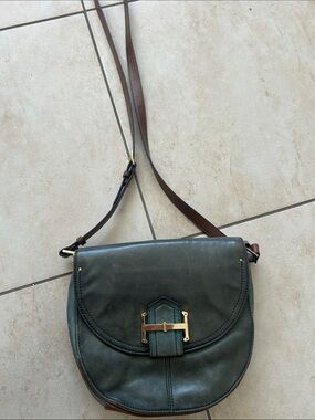 Dark Green Leather Crossbody Bag with Brown Strap